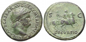 Nero (54 - 68 n. Chr.).

 Sesterz (Bronze). 65 n. Chr. Lugdunum.
Vs: NERO CLAVD CAESAR AVG GER P M TR P IMP P P. Büste mit Lorbeerkranz rechts, am ...