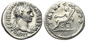 Traianus (98 - 117 n. Chr.).

 Denar (Silber). 98 - 99 n. Chr. Rom.
Vs: IMP CAES NERVA TRAIAN AVG GERM. Büste mit Lorbeerkranz und Drapierung recht...