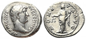 Hadrianus (117 - 138 n. Chr.).

 Denar (Silber). 137 n. Chr. Rom.
Vs: HADRIANVS AVG COS III P P. Kopf mit Lorbeerkranz rechts.
Rs: MONETA AVG. Mon...