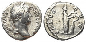 Hadrianus (117 - 138 n. Chr.).

 Denar (Silber). 137 n. Chr. Rom.
Vs: HADRIANVS AVG COS III P P. Kopf rechts.
Rs: SALVS AVG. Salus nach rechts ste...
