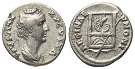 Faustina I. (gest. 141 n. Chr.).

 Denar (Silber). 139 - 141 n. Chr. Rom.
Vs: FAVSTINA AVGVSTA. Drapierte Büste rechts.
Rs: IVNONI REGINAE. Thron ...