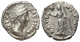 Faustina I. (gest. 141 n. Chr.). Diva Faustina I.

 Denar (Silber). Nach 141 n. Chr. Rom.
Vs: DIVA FAVSTINA. Drapierte Büste rechts.
Rs: AETERNITA...