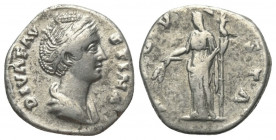Faustina I. (gest. 141 n. Chr.). Diva Faustina I.

 Denar (Silber). Nach 141 n. Chr. Rom.
Vs: DIVA FAVSTINA. Drapierte Büste rechts.
Rs: AVGVSTA. ...