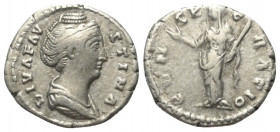 Faustina I. (gest. 141 n. Chr.). Diva Faustina I.

 Denar (Silber). Nach 141 n. Chr. Rom.
Vs: DIVA FAVSTINA. Drapierte Büste rechts.
Rs: CONSECRAT...