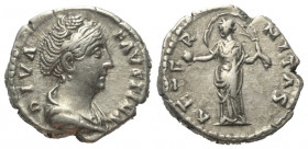 Faustina I. (gest. 141 n. Chr.). Diva Faustina I.

 Denar (Silber). Nach 141 n. Chr. Rom.
Vs: DIVA FAVSTINA. Drapierte Büste rechts.
Rs: AETERNITA...