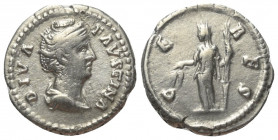Faustina I. (gest. 141 n. Chr.). Diva Faustina I.

 Denar (Silber). Nach 141 n. Chr. Rom.
Vs: DIVA FAVSTINA. Drapierte Büste rechts.
Rs: CERES. Ce...
