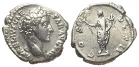 Marcus Aurelius (161 - 180 n. Chr.).

 Denar (Silber). 144 n. Chr. (?). Rom.
Vs: AVRELIVS CAESAR AVG PII F. Kopf rechts.
Rs: COS DES II. Honos mit...