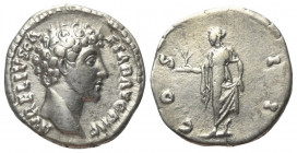 Marcus Aurelius (161 - 180 n. Chr.).

 Denar (Silber). 145 - 147 n. Chr. Rom.
Vs: AVRELIVS CAESAR AVG PII F. Kopf rechts.
Rs: COS II. Spes mit Blu...