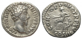 Marcus Aurelius (161 - 180 n. Chr.).

 Denar (Silber). 161 n. Chr. Rom.
Vs: IMP M AVREL ANTONINVS AVG. Kopf rechts.
Rs: CONCORD AVG TR P XV / COS ...