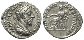 Marcus Aurelius (161 - 180 n. Chr.).

 Denar (Silber). 179 n. Chr. Rom.
Vs: M AVREL ANTONINVS AVG. Büste mit Lorbeerkranz und Panzer rechts.
Rs: T...