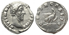 Marcus Aurelius (161 - 180 n. Chr.). Divus Marcus Aurelius.

 Denar (Silber). 180 n. Chr. Rom.
Vs: DIVVS M ANTONINVS PIVS. Kopf rechts.
Rs: CONSEC...
