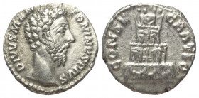 Marcus Aurelius (161 - 180 n. Chr.). Divus Marcus Aurelius.

 Denar (Silber). 180 n. Chr. Rom.
Vs: DIVVS M ANTONINVS PIVS. Kopf rechts.
Rs: CONSEC...