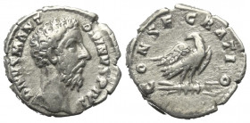 Marcus Aurelius (161 - 180 n. Chr.). Divus Marcus Aurelius.

 Denar (Silber). 180 n. Chr. Rom.
Vs: DIVVS M ANTONINVS PIVS. Kopf rechts.
Rs: CONSEC...