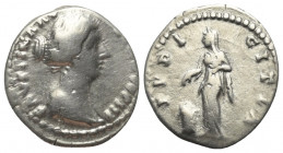 Faustina II. (gest. 176 n. Chr.).

 Denar (Silber). 147 - 150 n. Chr. Rom.
Vs: FAVSTINA AVGVSTA AVG PII F. Drapierte Büste rechts.
Rs: PVDICITIA. ...