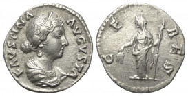 Faustina II. (gest. 176 n. Chr.).

 Denar (Silber). 161 - 164 n. Chr. Rom.
Vs: FAVSTINA AVGVSTA. Drapierte Büste mit Diadem rechts.
Rs: CERES. Cer...