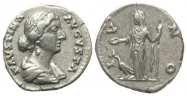 Faustina II. (gest. 176 n. Chr.).

 Denar (Silber). 161 - 164 n. Chr. Rom.
Vs: FAVSTINA AVGVSTA. Drapierte Büste mit Diadem rechts.
Rs: IVNO. Juno...