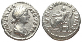 Faustina II. (gest. 176 n. Chr.).

 Denar (Silber). 165 - 170 n. Chr. Rom.
Vs: FAVSTINA AVGVSTA. Drapierte Büste mit Diadem rechts.
Rs: IVNONI REG...