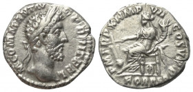 Commodus (177 - 192 n. Chr.).

 Denar (Silber). 185 n. Chr. Rom.
Vs: M COMM ANT AVG P BRIT FEL. Kopf mit Lorbeerkranz rechts.
Rs: P M TR P XI IMP ...