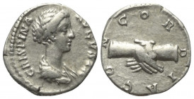 Crispina (gest. 192 n. Chr.).

 Denar (Silber). 178 - 179 n. Chr. Rom.
Vs: CRISPINA AVGVSTA. Drapierte Büste rechts.
Rs: CONCORDIA. Zwei Hände im ...