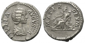 Iulia Domna (gest. 217 n. Chr.).

 Antoninian (Silber). 198 n. Chr. Rom.
Vs: IVLIA AVGVSTA. Drapierte Büste rechts.
Rs: MATER DEVM. Cybele mit Zwe...