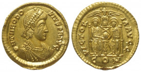 Theodosius I. (379 - 395 n. Chr.).

 Solidus (Gold). 378 - 383 n. Chr. Mailand.
Vs: D N THEODOSIVS P F AVG. Büste mit Perldiadem, Paludament und Pa...