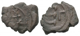 Iustinus II. (565 - 578 n. Chr.).

 Pentanummion. Constantinopolis (3. Offizin).
Vs: Monogramm des Justinus und der Sophia.
Rs: Wertzeichen E; im ...
