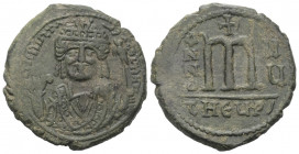 Tiberius II. Constantinus (578 - 582 n. Chr.).

 Follis (40 Nummi). 595 - 596 n. Chr. (Jahr 7). Antiochia (Theoupolis).
Vs: Dm TIu CONS - TANTS [PP...