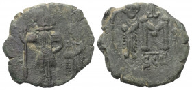 Constans II. (641 - 668 n. Chr.) mit Constantinus IV.

 Follis. 654 - 659 n. Chr. Syrakus.
Vs: Constans mit langem Stab und Constantinus mit Kreuzg...