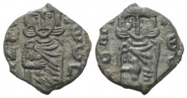 Constantinus V. (741 - 775 n. Chr.) und Leo IV.

 Follis (Kupfer). 751 - 775 n. Chr. Syrakus.
Vs: KONS - DESP. Gekrönte Büste des Constantinus V. m...