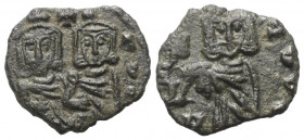 Constantinus V. (741 - 775 n. Chr.) mit Leo IV. und Leo III.

 Follis (Kupfer). 751 - 775 n. Chr. Syrakus.
Vs: K - LEON. Gekrönte Büsten des Consta...