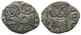 Constantinus V. (741 - 775 n. Chr.) mit Leo IV. und Leo III.

 Follis (Kupfer). 751 - 775 n. Chr. Syrakus.
Vs: K - LEON. Gekrönte Büsten des Consta...