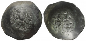Alexius III. Angelus-Comnenus (1195 - 1203 n. Chr.).

 Aspron Trachy (Billon). Constantinopolis.
Vs: Christusbüste im Segensgestus mit Nimbus und E...