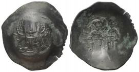 Alexius III. Angelus-Comnenus (1195 - 1203 n. Chr.).

 Aspron Trachy (Billon). Constantinopolis.
Vs: Christusbüste im Segensgestus mit Nimbus und E...