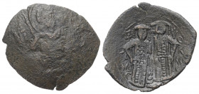 Michael VIII. Palaeologus (1258 - 1282 n. Chr.).

 Trachy (Kupfer). Constantinopolis.
Vs: Hl. Georg frontal stehend hält einen Speer und stützt sei...