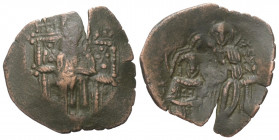 Michael VIII. Palaeologus (1258 - 1282 n. Chr.).

 Trachy (Kupfer). Constantinopolis.
Vs: Gottesmutter frontal thronend.
Rs: Michael kniend, nach ...