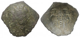 Michael VIII. Palaeologus (1258 - 1282 n. Chr.).

 Trachy (Kupfer). Constantinopolis.
Vs: Hl. Georg frontal stehend hält einen Speer und stützt sei...