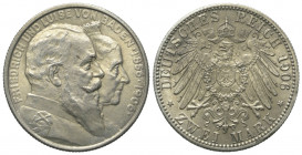 Kaiserreich. Baden. Friedrich I. (1856 - 1907).

 2 Mark (Silber). 1906.
Vs: Köpfe rechts.
Rs: Großer Reichsadler.

28 mm. 11,13 g. 

Jaeger 3...
