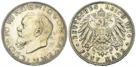 Kaiserreich. Bayern. Ludwig III. (1913 - 1918).

 5 Mark (Silber). 1914 D. München.
Vs: Kopf links.
Rs: Großer Reichsadler.

38 mm. 27,69 g. 
...