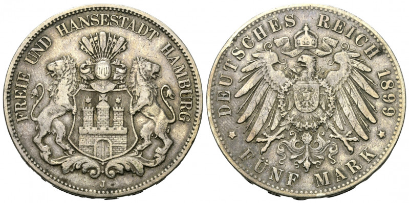 Kaiserreich. Hamburg.

 5 Mark (Silber). 1899 J. Hamburg.
Vs: Stadtwappen, ge...