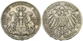 Kaiserreich. Hamburg.

 5 Mark (Silber). 1899 J. Hamburg.
Vs: Stadtwappen, gehalten von zwei Löwen.
Rs: Kleiner Reichsadler.

38 mm. 27,64 g. 
...
