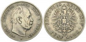 Kaiserreich. Preußen. Wilhelm I. (1861 - 1888).

 5 Mark (Silber). 1876 A.
Vs: Kopf rechts.
Rs: Kleiner Reichsadler.

38 mm. 27,42 g. 

Jaeger...