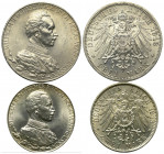 Kaiserreich. Preußen. Wilhelm II. (1888 - 1918).

 Lot. 1913.
Lot (2 Stück, Silber): 3 Mark und 2 Mark 1913 auf das 25-jährige Regierungsjubiläum....
