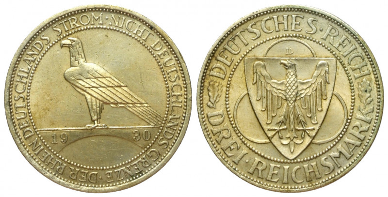 Weimarer Republik.

 3 Mark (Silber). 1930 D. München.
Vs: Adler auf Brückenb...