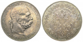 Kaisertum Österreich (1804 - 1918). Franz Joseph I. (1848 - 1916).

 5 Kronen (Silber). 1900. Wien.
Vs: Kopf rechts.
Rs: Frauengestalt mit erhoben...