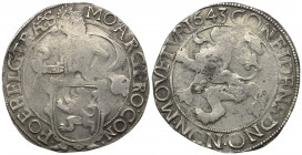 Niederlande. Vereinigte Provinzen. Overijssel.

 Löwentaler (Silber). 1643.
Vs: Ritter im Harnisch hinter Schild stehend.
Rs: Steigender Löwe nach...