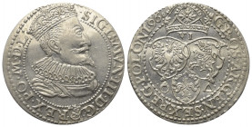 Polen. Königreich. Sigismund III. Wasa (1587 - 1632).

 Ort (Silber). 1596. Marienburg (Malbork).
Vs: Gekrönte, geharnischte Büste mit Mühlsteinkra...