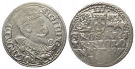 Polen. Königreich. Sigismund III. Wasa (1587 - 1632).

 Dreigröscher (Silber). 1597. Olkusz.
Vs: Gekrönter Kopf mit Harnisch- und Mühlsteinkragen r...