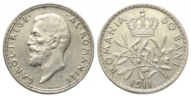 Rumänien. Karl I. (1881 - 1914).

 50 Bani (Silber). 1911. Brüssel.
Vs: Kopf links.
Rs: Zweige unter Krone.

18 mm. 2,50 g. 

Schäffer / Stamb...