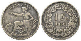 Schweiz.

 1 Franken (Silber). 1850 A.
23 mm. 4,86 g. 

KM 9; HMZ 2-1203; Divo 3.
 Patina, sehr schön.