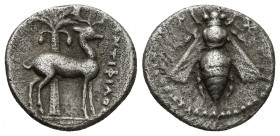Ephesus, Ionia, AR Drachm, 202-133 BC, 4g 17.3mm Antifilos. E-Φ to left and right of bee with straight wings / ANTIΦIΛOΣ, Stag standing right, palm tr...